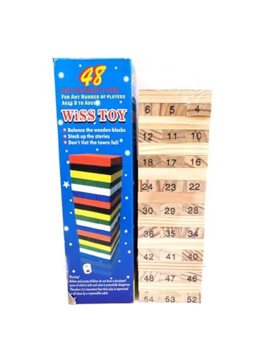 BLUECHOLON Torre de blocos de madeira, 54 peças, 23 x 7 cm, conjunto de habilidade com dado, para todas as idades (madeira, 54 peças - 23 x 7 cm)