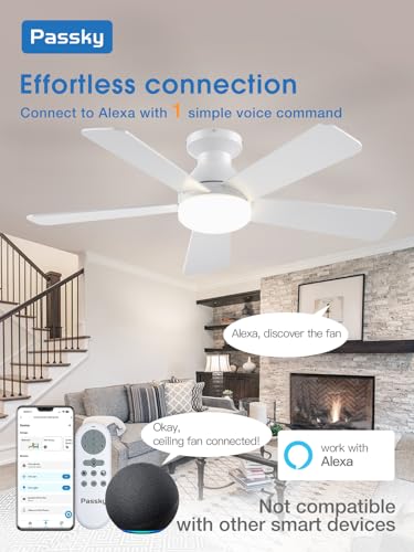 Image of Passky 42 Inch Smart Ceiling Fans with Lights, Low Profile, Alexa, White | Remote /Alexa Voice Control, 6 speeds, Dimmable 3CCT Light, Quiet Reversible DC Motor, Timer, Memory, Flush Mount for Bedrooms