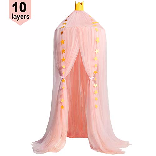 Image of Jolitac Princess Bed Canopy for Girls Room Decor Round Lace Mosquito Net Play Tent Reading Nook Canopies Yarn Girl Dome Netting Castle (Pink)