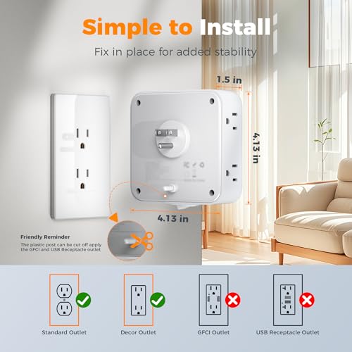 Multi Plug Outlet Extender, TESSAN 900J Surge Protector Plug Extension Block, 8 Outlet Splitter with 3 USB Ports (1 USB C), Electrical Socket for Home Office Dorm Room Essentials, White by TESSAN - Image 7