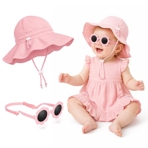 BTHRORO Bébé Chapeau de Soleil Fille Lunettes de Soleil, Chapeau de Plage Pliable avec Protection UV Polarisée Élastique Réglable Lunettes de Soleils pour Enfants 6-24 Mois