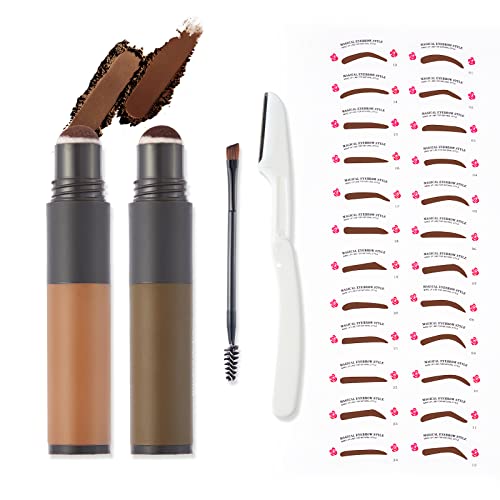 Eyebrow Stamp Stencil Kit 2 Colors Waterproof and Long Lasting One Step Easy Color Brow Stamp with 24 Eyebrow Stencils, 1 Brush and 1 Razor, Dark Brown and Light Brown