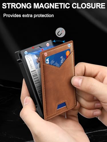 Image of Wallet for Men RFID Wallet with 2 ID Windows & Money Clip, Slim Card Holder | 10-12 Cards Bifold Minimalist Smart Pop Up Wallet for Front Pocket Compact Metal Credit Card Holder Birthday Gifts for Men