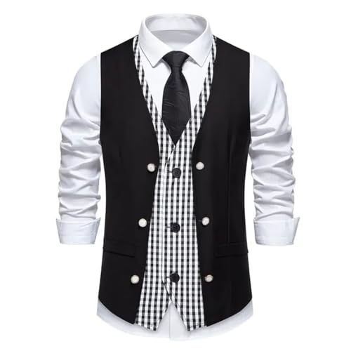 Men’S Vintage Fake Two-Piece Patchwork Plaid Vest Single Breasted Slim Fit Formal Business Wedding Waistcoat2