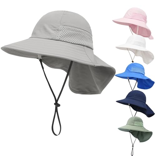 QIYIENDIAN Baby Peuter Zonnehoed UPF 50 + Verstelbare Bescherming tegen de Zon Bucket Hoeden Cap voor kinderen Jongens Meisjes(Gray,2-6Y)