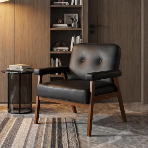 Image of STHOUYN Upholstered Accent Chair, Black Leather Chair with Wooden Legs