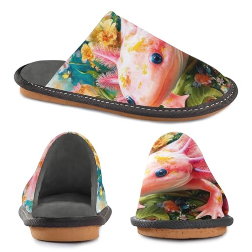 Slippers for Women Colorful Axolotl Flowers Artwork Soft Fuzzy Women's Slippers Indoor and Outdoor Shoes2