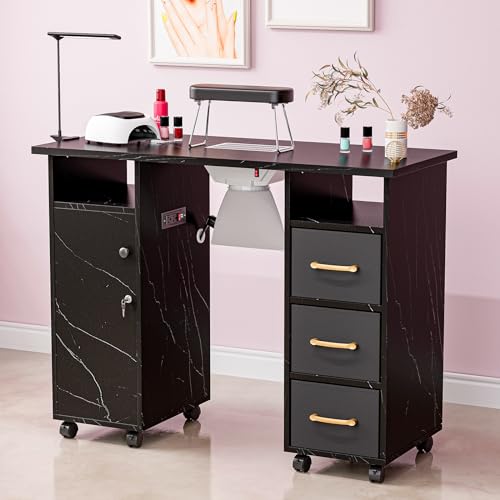 Belandi Manicure Table Nail Station with Charging Station, Marbling Texture Nail Tech Table Nail Table Station w/Dust Collector, Power Outlets, LED Lamp, Non-Woven Drawers & Wrist Cushion(Black)