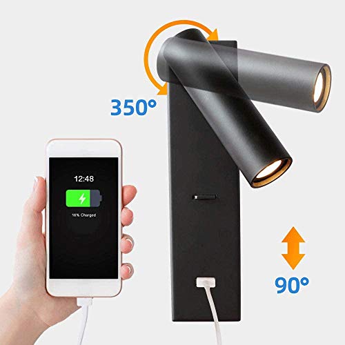 Lámpara de pared LED negra con lector ajustable y cargador USB para dormitorio 3