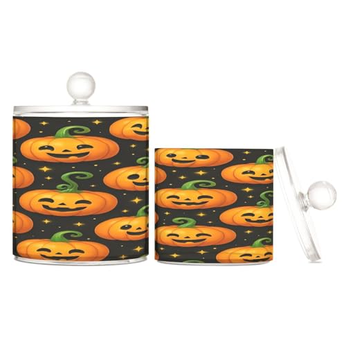 BOESI Bathroom Organizer Set of 2, Cotton Swab Caddy with Lid Dispenser, Cute Graffiti Halloween Pumpkin
