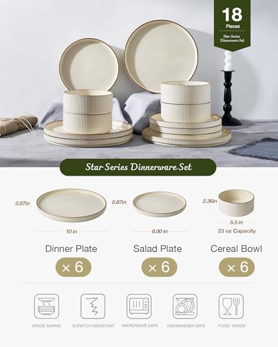 Image of Famiware Stoneware Dinnerware Set for 6, Ribbed Plates & Bowls with Trim | Cream, 18-piece dishes with lipped edges, chip & scratch resistant ceramics, microwave & dishwasher safe, everyday formal use