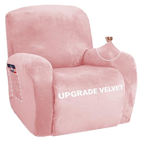 Image of ZNSAYOTX Stretch Velvet Recliner Cover 4-Pieces, Thick Soft Recliner Chair Slipcover with Pocket, Non-Slip Elastic Bottom for Kids Pets, Luxury Plush Reclining Protector Comfy Washable (Rose)