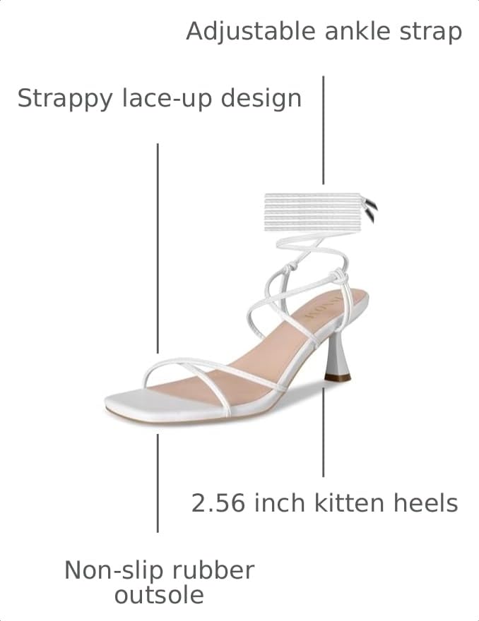 Image of ISNOM Strappy Sandals for Women Kitten Heels Lace Up Heels Stiletto Heels Wrap Around Heels with Square Toe