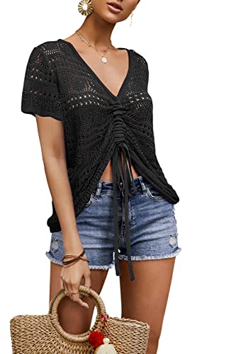 Image of Saodimallsu Womens Boho Off Shoulder Sheer Crop Tops Bell Sleeve Flowy Oversized Crochet Ruched Pullover Sweaters