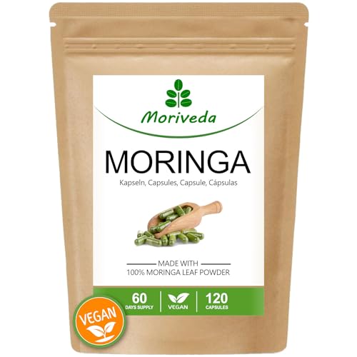 Moringa Cápsulas 1200mg - 60 días de suministro - vegano - sin aditivos químicos - sin lactosa, fructosa, gluten - más de 90 nutrientes, proteínas, vitaminas - 120 piezas de MoriVeda