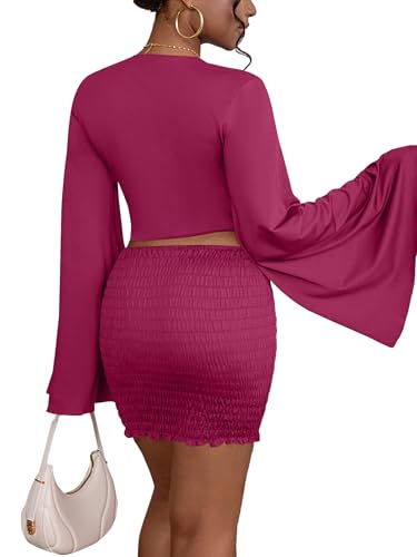 Image of LYANER Women 2 Piece Vacation Outfits Tie Knot Front Bell Long Sleeve Crop Top and Mini Skirt Summer Set