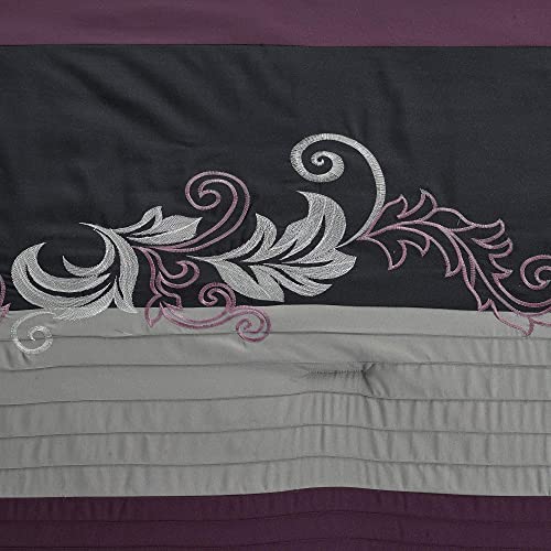 Chezmoi Collection Napa 7-Piece Luxury Leaves Scroll Embroidery Bedding Comforter Set (Oversized King, Purple/Black/Gray)
