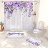 Dexsawoi 4-Piece Wisteria Floral Shower Curtain Set with Non-Slip Mauve Purple Lilac Carpet, Toilet