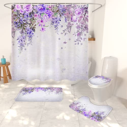 Dexsawoi 4-Piece Wisteria Floral Shower Curtain Set With Non-Slip Mauve Purple Lilac Carpet, Toilet Lid, And Bath Mat. Flowering Vine Bathroom Curtain With 12 Hooks 72 X 72 Inches #TOP8