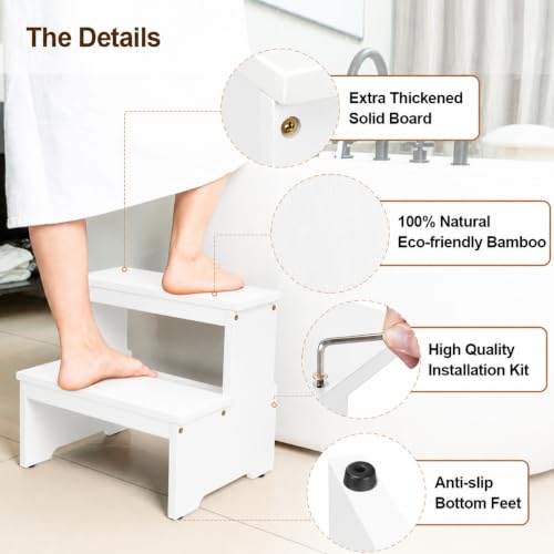 Image of StrongTek Bamboo 2 Step Stool, Non-Slip, 350 lb Capacity, White | Bed Steps for High Beds for Adults, Non-Slip Feet, Easy Assembly for Kitchen, Bedside, Pantry, Closet and Bathroom Use