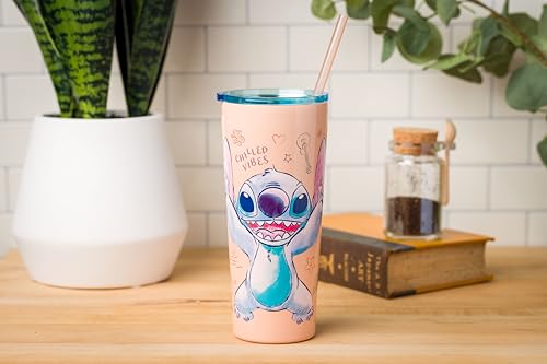 Image of Silver Buffalo Disney Lilo and Stitch Island Doodles Chilled Vibes Double Walled Stainless Steel Tumbler with Straw, 22 Ounces