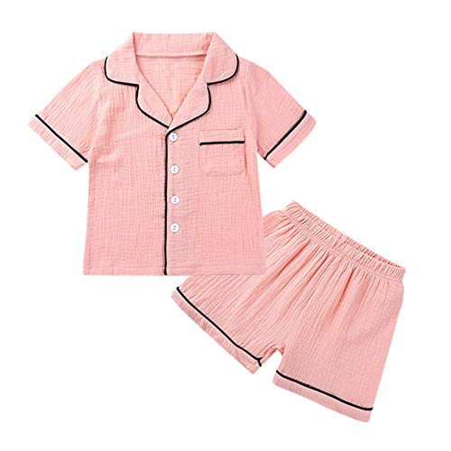 Kids Short Sleeve Pajamas Summer Lounge Set 2 Piece Little Girls Button Down Sleepwear Toddler Muslin Pjs (Pink,4T)