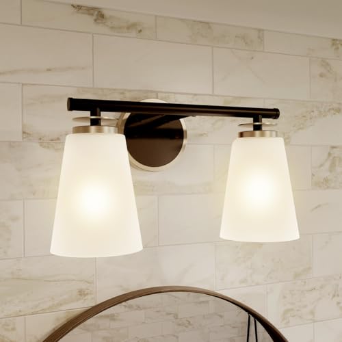 Image of Globe Electric 2-Light Vanity Light, Matte Black, Frosted Glass Shades, Matte Brass Accents