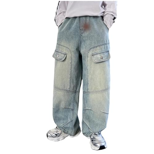 Boy's Hole Straight Leg Jeans, Vintage Wide Leg Loose Jeans, Loose Denim Pants with Pockets, Elastic Waist Casual Pants