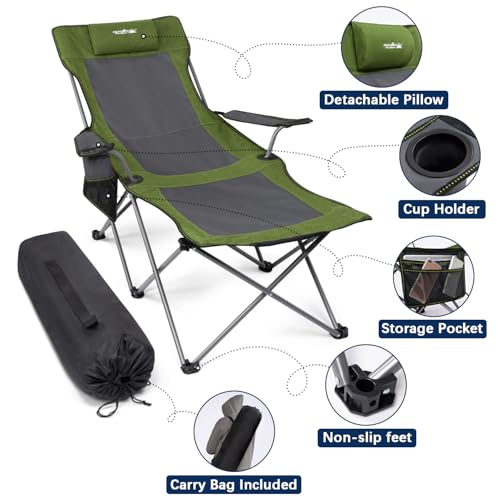 Image of apollo walker Reclining Beach Chair, Adjustable 90-135 Backrest Camping Lounge Chairs for Adults, Folding Chair with Foot Rest & Detachable Pillow - Standard 6-Leg, Green