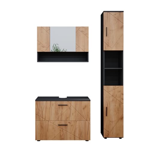 Vicco Ensemble de Meubles de Salle de Bain Irma, Anthracite/Chêne, 3 pièces, Armoire Basse 80 cm