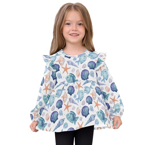Blue Fish Starfish Girls Shirts Cotton Long Sleeve Ruffle Toddler Tee Tops3