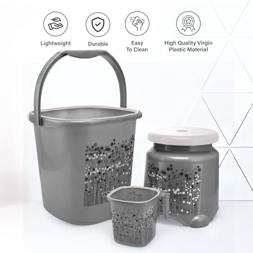Image of Nayasa Square Ring Funk Plastic Bathroom Bucket Set with Mug & Stool | 18 Liters Bucket + 1.5 Liters Mug | Set of 3 | Black