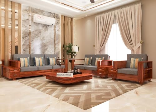 Image of Sheesham Wood 6 Seater Sofa Set with 2 Drawer Storage | 3+2+1 Wooden Sofa Set Furniture for Living Room Home Office (3+2+1,Honey Finish)