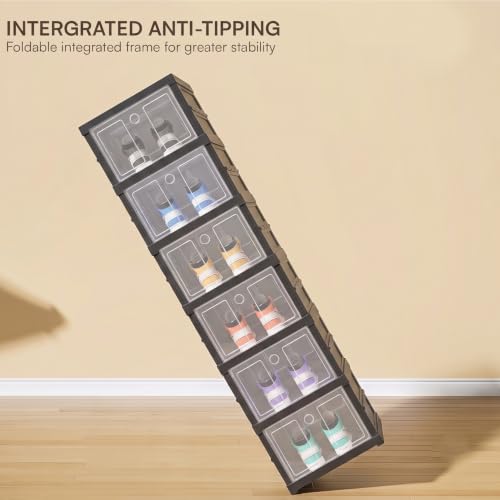 Image of House of Quirk 6-Layer Foldable & Stackable Shoe Cabinet - Transparent Plastic Shoe Boxes with Magnetic Front Door, No Installation Needed, Space-Saving Shoe Organizer (Black)