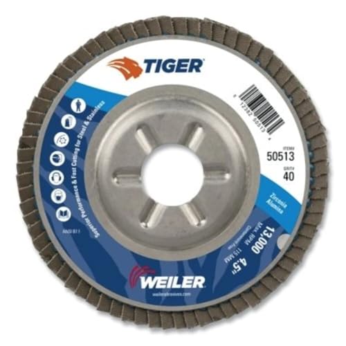 Image of Weiler 50513 Tiger Abrasive Flap Disc, Type 29, Round Hole, Aluminum Backing, Zirconia Alumina, 4-1 /2 inch Dia., 40 Grit