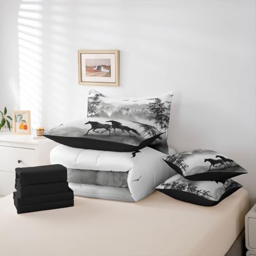 Image of Galloping Horse Full Size Bed Sheets and Comforter Set | Cowboy Farm Animal 7 Piece Bedding Set Smoky Mountain Western Bed in a Bag,Black and White Ink Painting Plant Rainforest Folk Retro Room Decor
