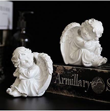 Miniatura 3 de KiaoTime Juego de 2 estatuas de ángeles de querubines adorables de resina, estatuas de ángel de la guarda durmiendo alas de jardín, escultura de