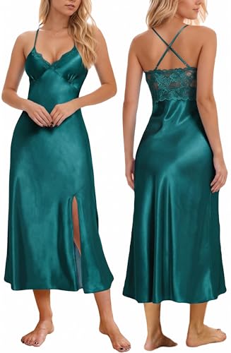 Image of ALCEA ROSEA Women Silk Satin Nightgown Sexy Lace Chemise Lingerie Long Sleepdress for Ladies Sleepwear Slip Negligee