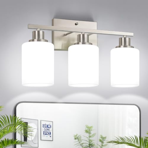 Image of MOKATNG 3-Light Bathroom Light Fixtures, Brushed Nickel Vanity Light with Milky White Shades, Bathroom Lighting Fixtures Over Mirror, Modern Bathroom Wall Lamp for Mirror Living Room Cabinet Bedroom