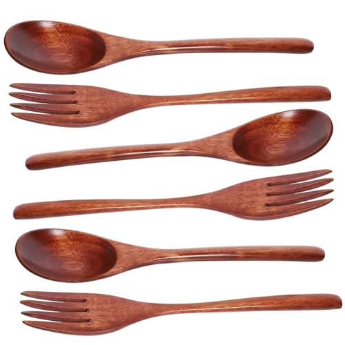 Unomor Elegant 6pc Wooden Fork Spoon Dinnerware Set for Home Restaurant Hotel Safe Wood