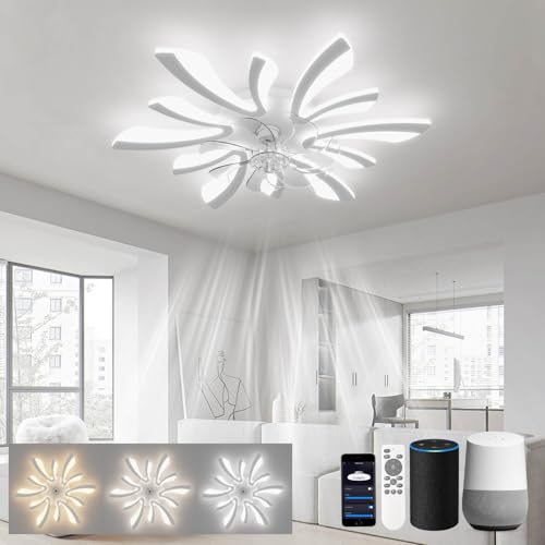 LJX Lampara Ventilador 78cm Ventilador de Techo con Luz LED Compatible con Alexa y Google Assistant Temporizador Silencioso Reversible 6 Velocidades para Dormitorio Salón, Blanco
