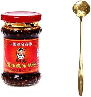 LGM Lao Gan Ma Spicy Chili Crisp Spicy Chinese Chili Oil Hot Sauce with Roasted Chili Pepper Flakes | 7.41oz 210g (1 jar) + one NineChef Golden color Spoon (1 Jars + 1 Spoon), 7.41 Ounce (Pack of 1)