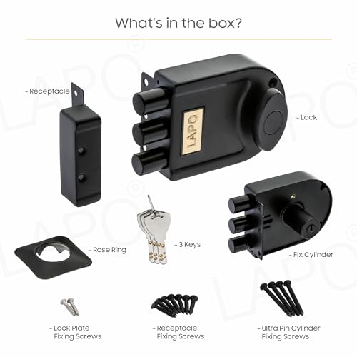 Image of LAPO Black TriBolt Deadbolt Lock, Modern Main Door Security Lock for Wooden Door, Fixed Cylinder with 4 Brass Keys, Suitable for Inside&Outside Opening, Heavy Duty Design for Long-Lasting Protection