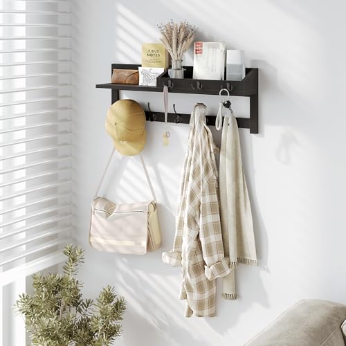 Image of AMBIRD Wall Hooks with Shelf, 26.57 Inch Entryway Wood Coat Hooks for Wall, Coat Rack Wall Mount Rack with 5 Dual Hooks 3 Key Hooks Mail Organizer and Key Rack Key Holder (Black)