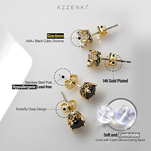 Black and Gold Earrings for Men Women, Retro Crown Hypoallergenic Stainless Steel Cubic Zircon Stud Earrings2