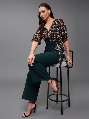 Image of Miss Chase Women's V-Neck Half Sleeve Tropical Wrap-Styled Jumpsuit
