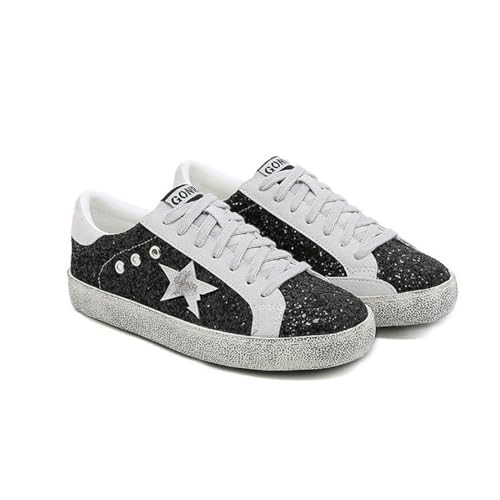 Star de Moda Femenina Sneaker Glitter Brillante Fashion Brillante en informes Bling Bling Llegado Zapatos de Concierto Lienzo Low Top Lace Up cómodo Caminata Acolchada para la casa