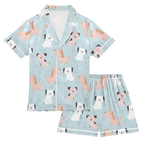Dog Funny Cute Pattern Summer Satin Pajama Set, Cute Button-Down Sleepwear Pj Set for Sleep Wears