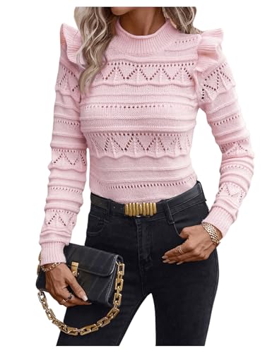 Image of GORGLITTER Women's Ruffle Long Sleeve Knit Sweater Hollow Out Crew Neck Fall Trendy Pullover Tops