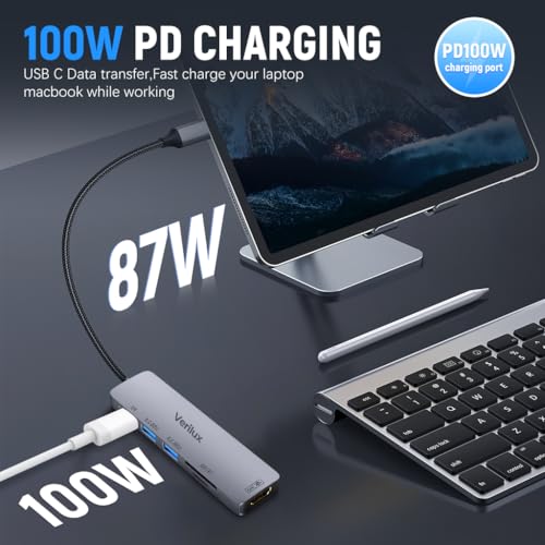 Image of Verilux 6 in 1 USB C Hub Adapter with 4K HDMI 30Hz, 100W PD Fast Charging, Dual USB 3.0 Ports, SD /TF Card Reader, Multiport Converter for Laptops, SSD Enclosure, Monitors